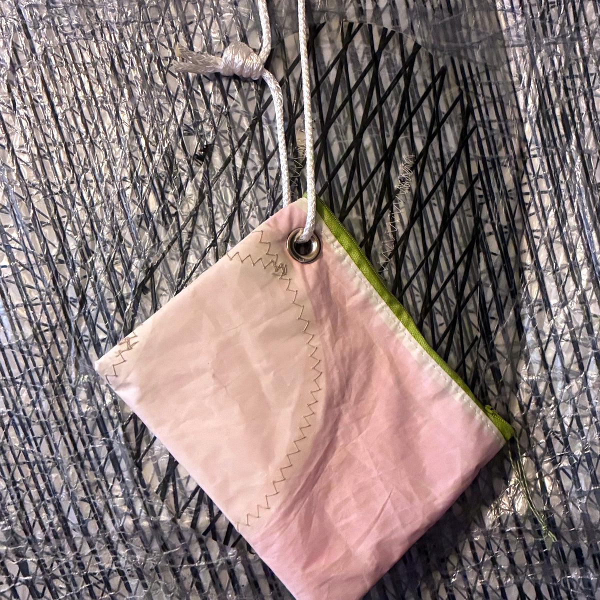 The Grab – Sailcloth Wristlet | Optimist Sail, Neon Pink Lining, Lime Zip | One of a Kind | Made from Real Sail