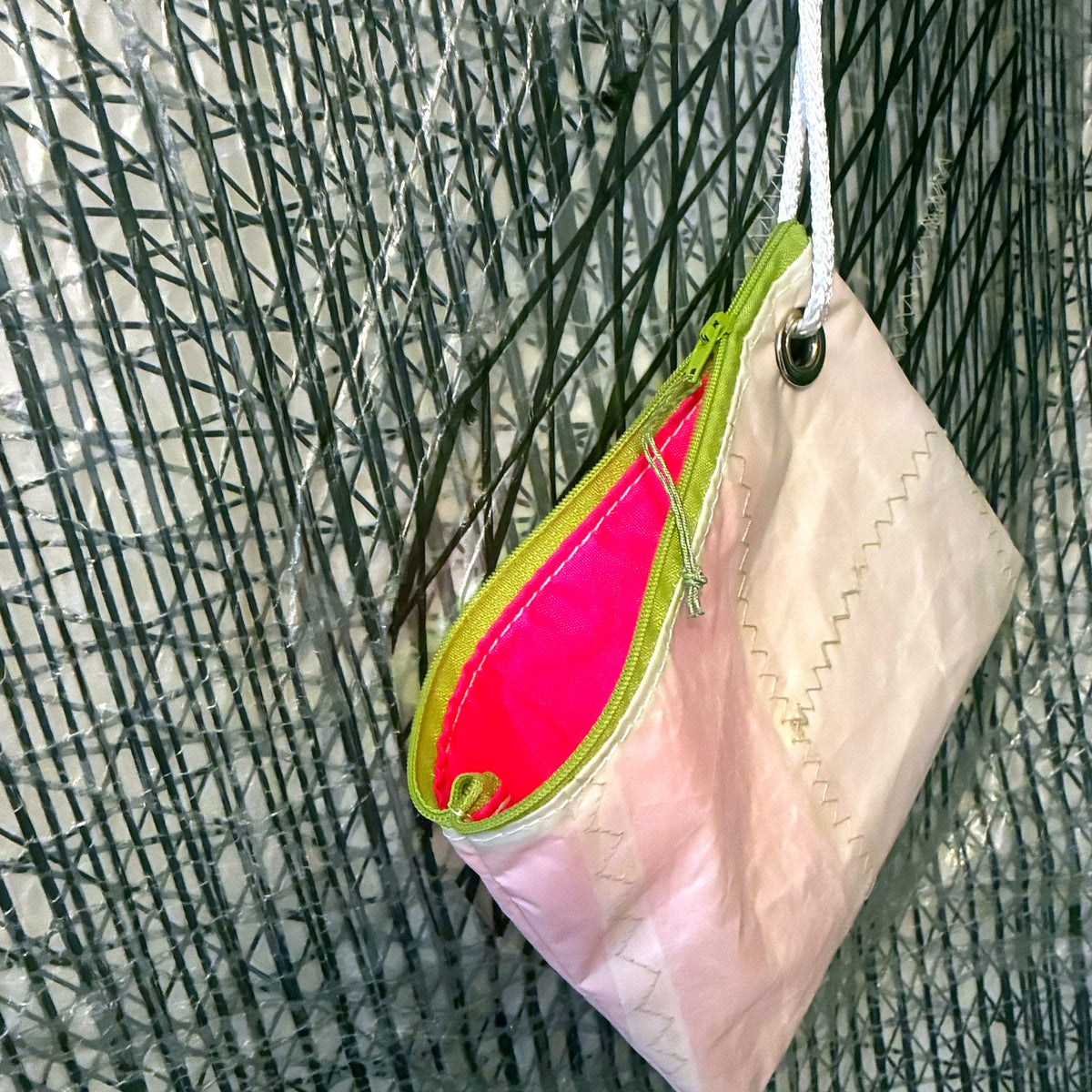 The Grab – Sailcloth Wristlet | Optimist Sail, Neon Pink Lining, Lime Zip | One of a Kind | Made from Real Sail
