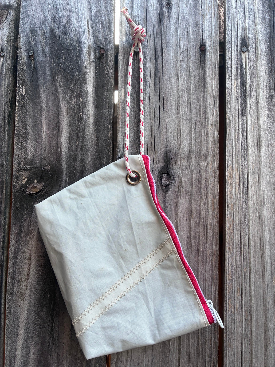 The Windward Grab – Sailcloth Zip Pouch | Lido 14 Sail, Red Zip, Blue Lining | One of a Kind | Made from Real Sail