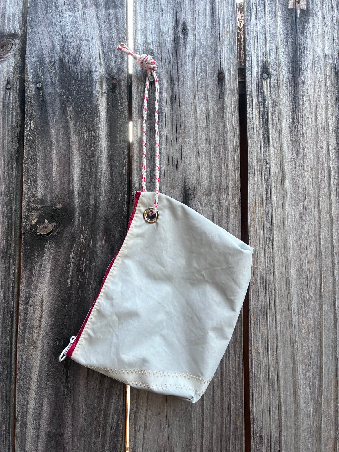 The Windward Grab – Sailcloth Zip Pouch | Lido 14 Sail, Red Zip, Blue Lining | One of a Kind | Made from Real Sail