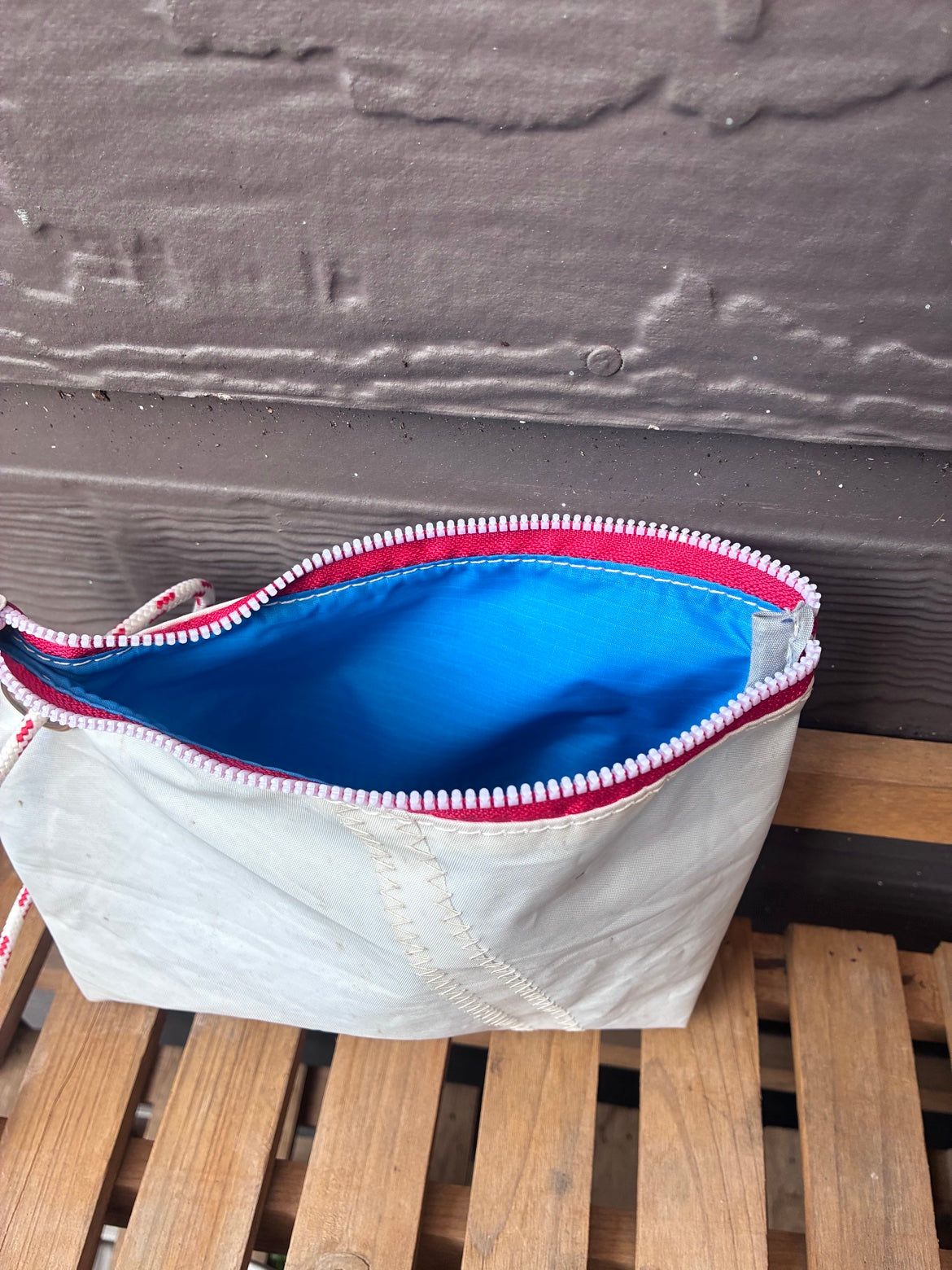 The Windward Grab – Sailcloth Zip Pouch | Lido 14 Sail, Red Zip, Blue Lining | One of a Kind | Made from Real Sail