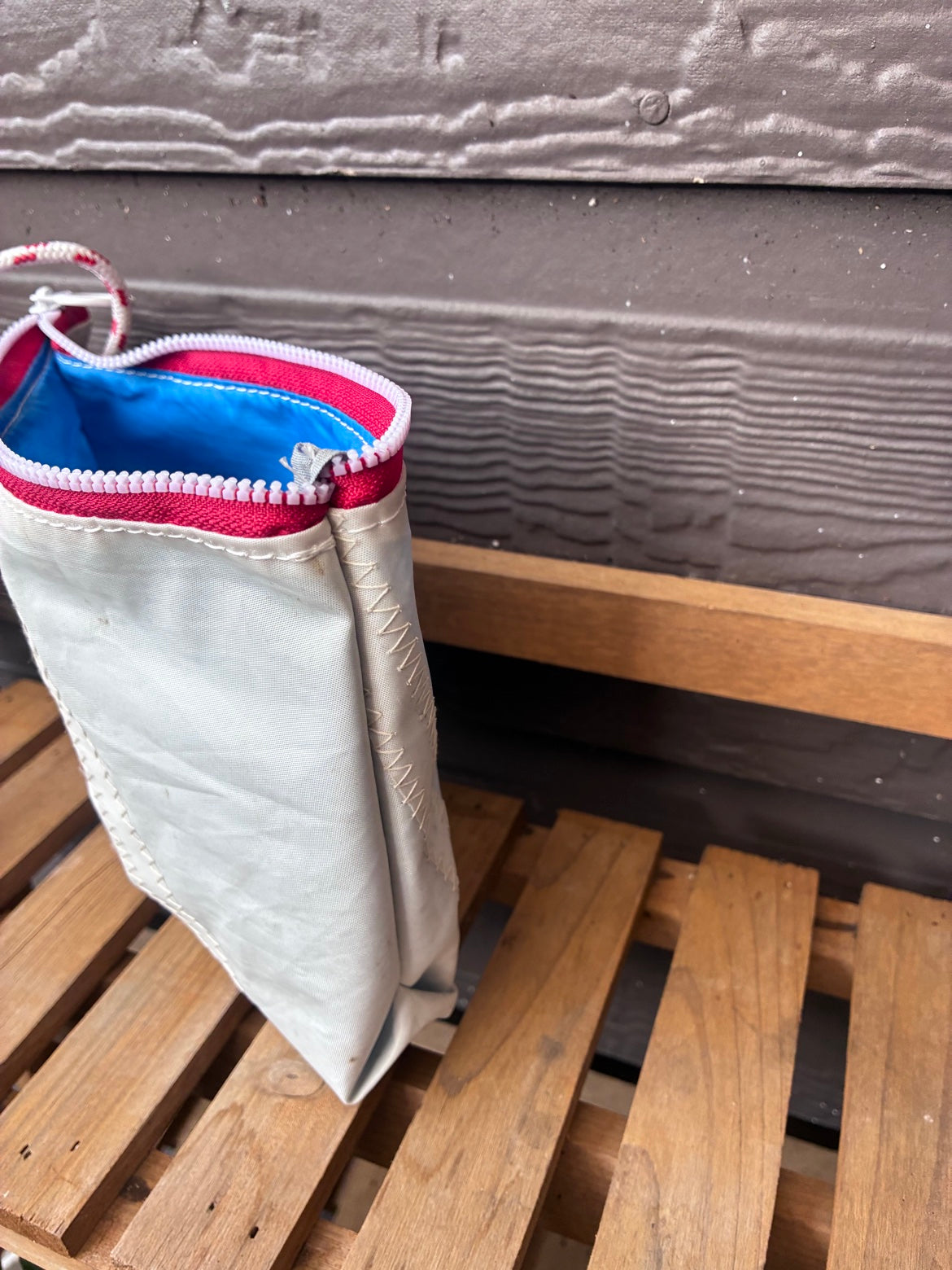 The Windward Grab – Sailcloth Zip Pouch | Lido 14 Sail, Red Zip, Blue Lining | One of a Kind | Made from Real Sail
