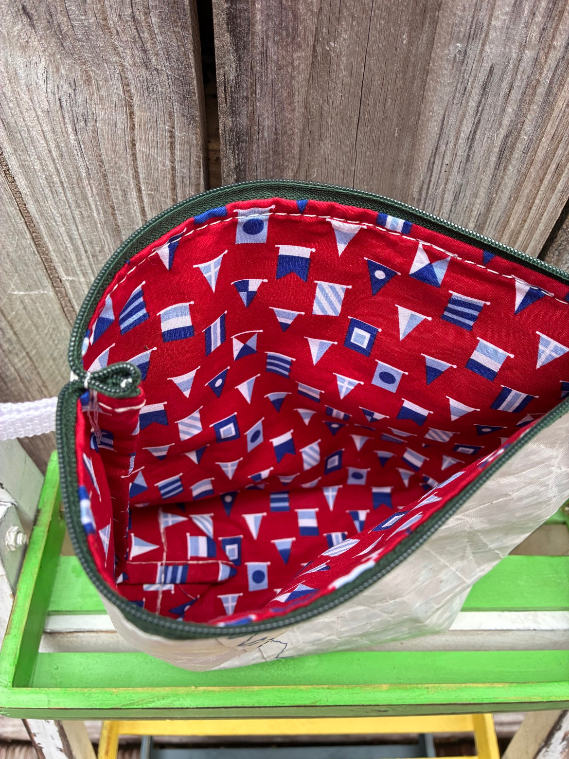 The Windward Pouch – Sailcloth Triangle Pouch | Red Nautical Flags Lining | One of a Kind | Made from Real Sail