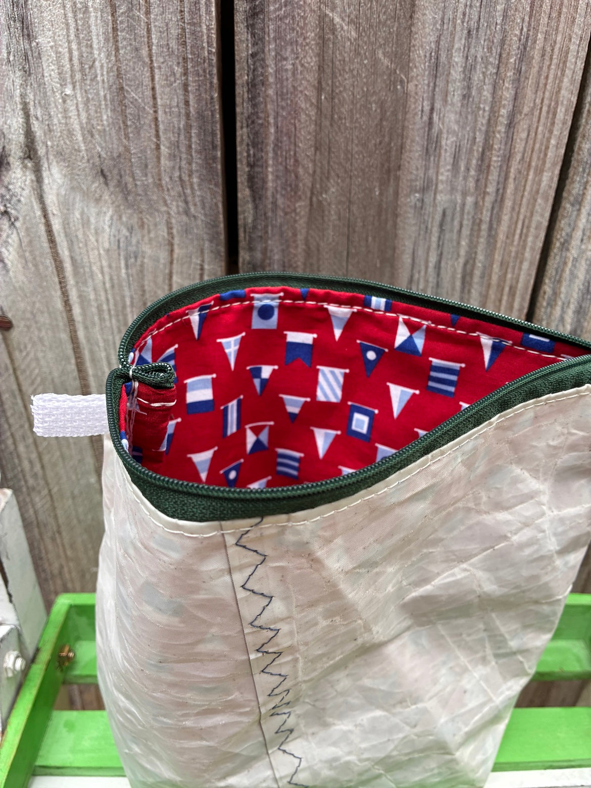 The Windward Pouch – Sailcloth Triangle Pouch | Red Nautical Flags Lining | One of a Kind | Made from Real Sail