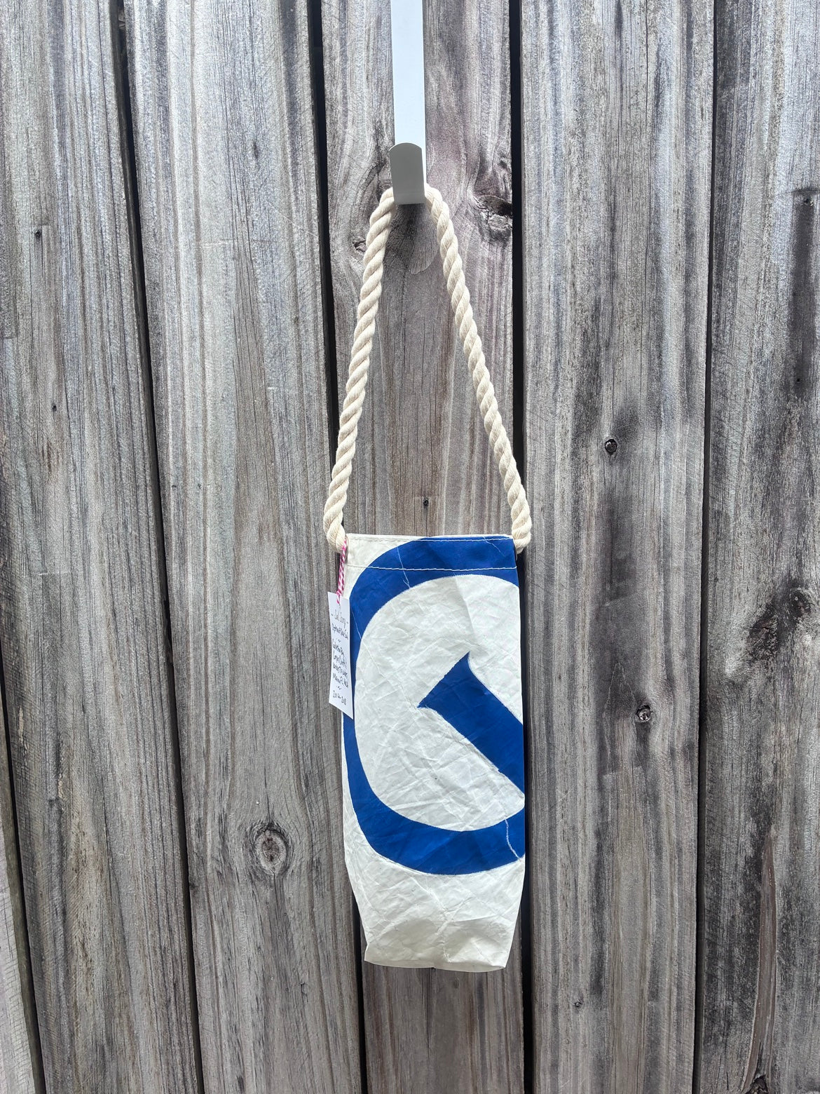 Wine Bag – Sailcloth Wine Tote | Optimist Sail, Blue Insignia | One of a Kind | Made from Real Sail