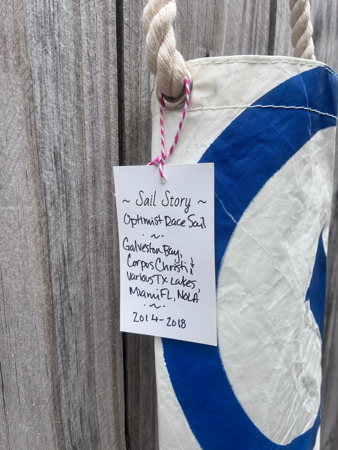 Wine Bag – Sailcloth Wine Tote | Optimist Sail, Blue Insignia | One of a Kind | Made from Real Sail