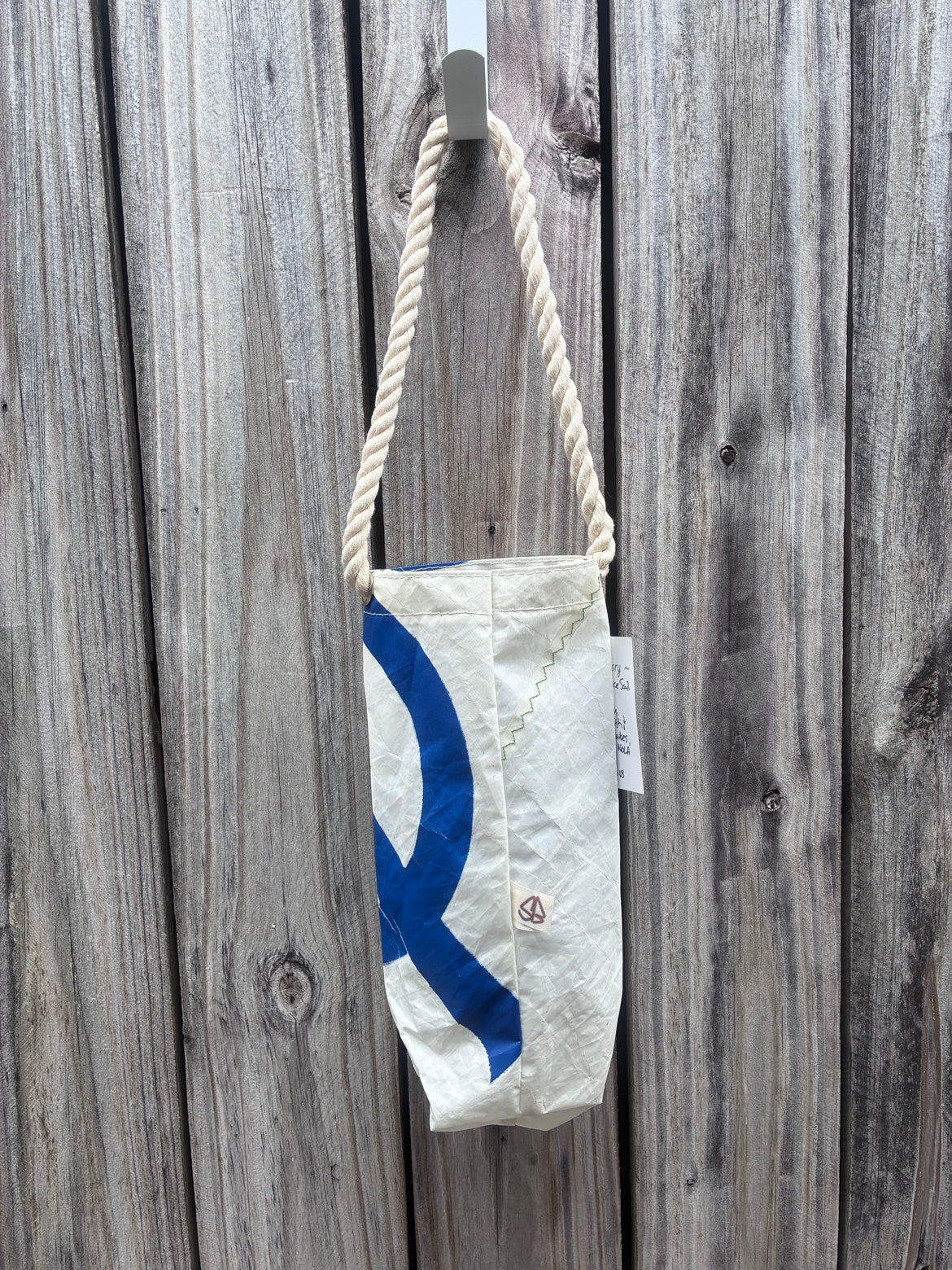 Wine Bag – Sailcloth Wine Tote | Optimist Sail, Blue Insignia | One of a Kind | Made from Real Sail